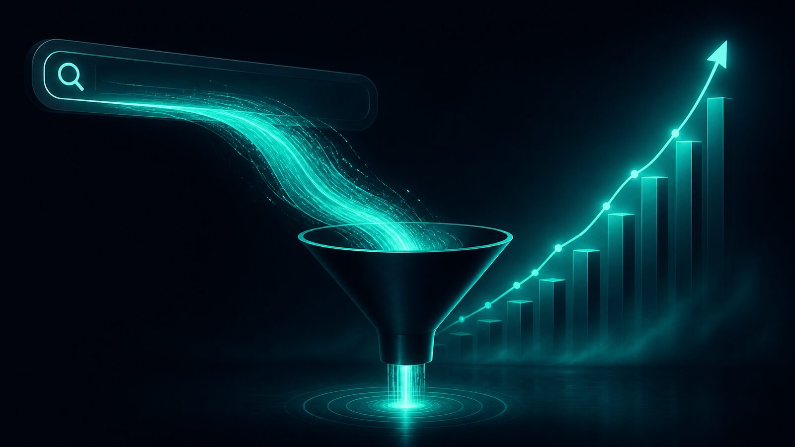 Abstract dark editorial illustration of a glowing teal river of organic leads flowing into a funnel from a Google search bar with a growth chart in the background.