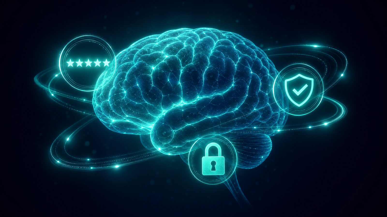 Abstract editorial illustration of a glowing translucent human brain silhouette wrapped with cyan trust-signal icons including a star, verified checkmark, and lock.
