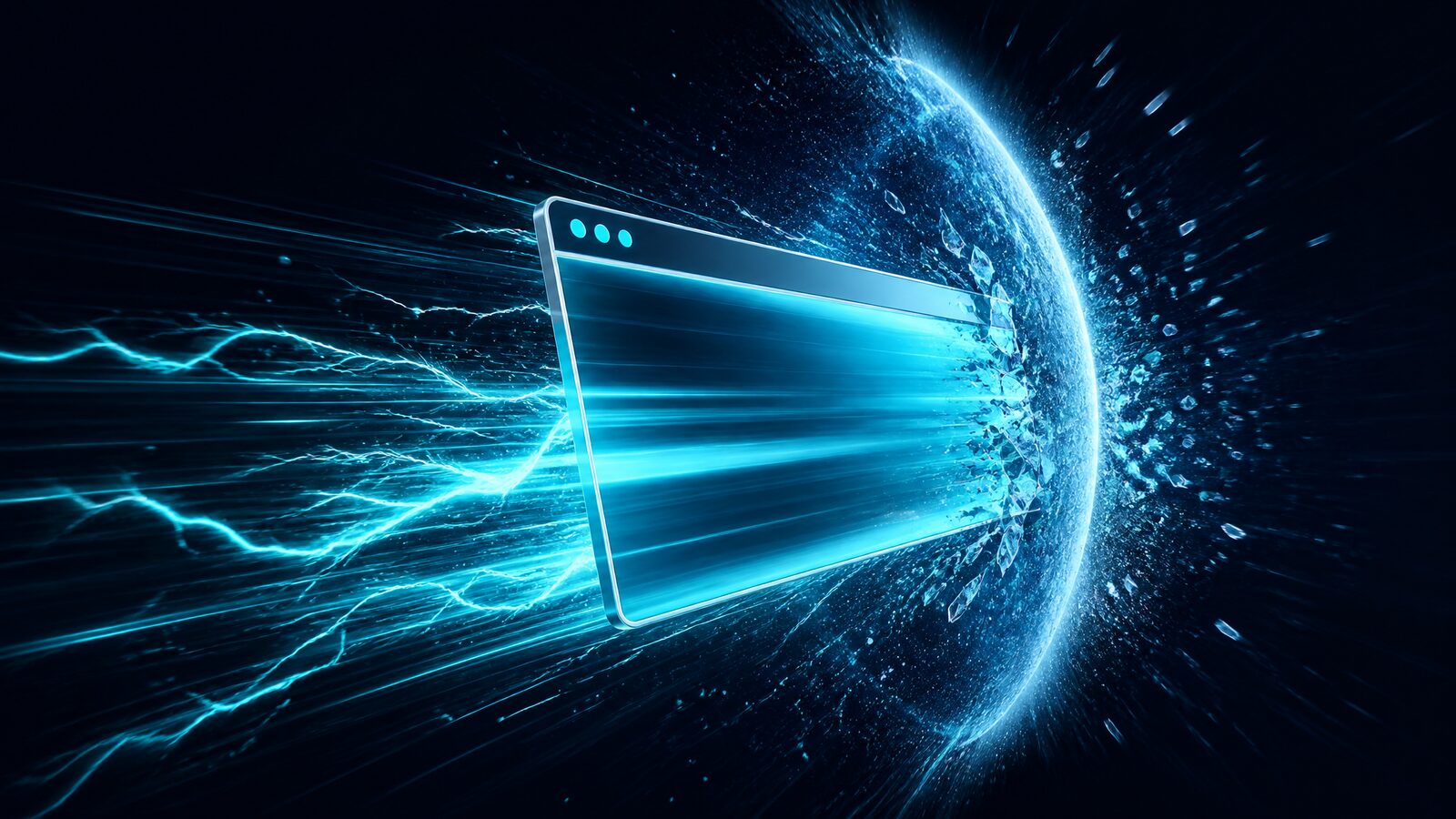Abstract editorial illustration of a website browser frame breaking the sound barrier with cyan motion-blur speed lines and lightning streaks.