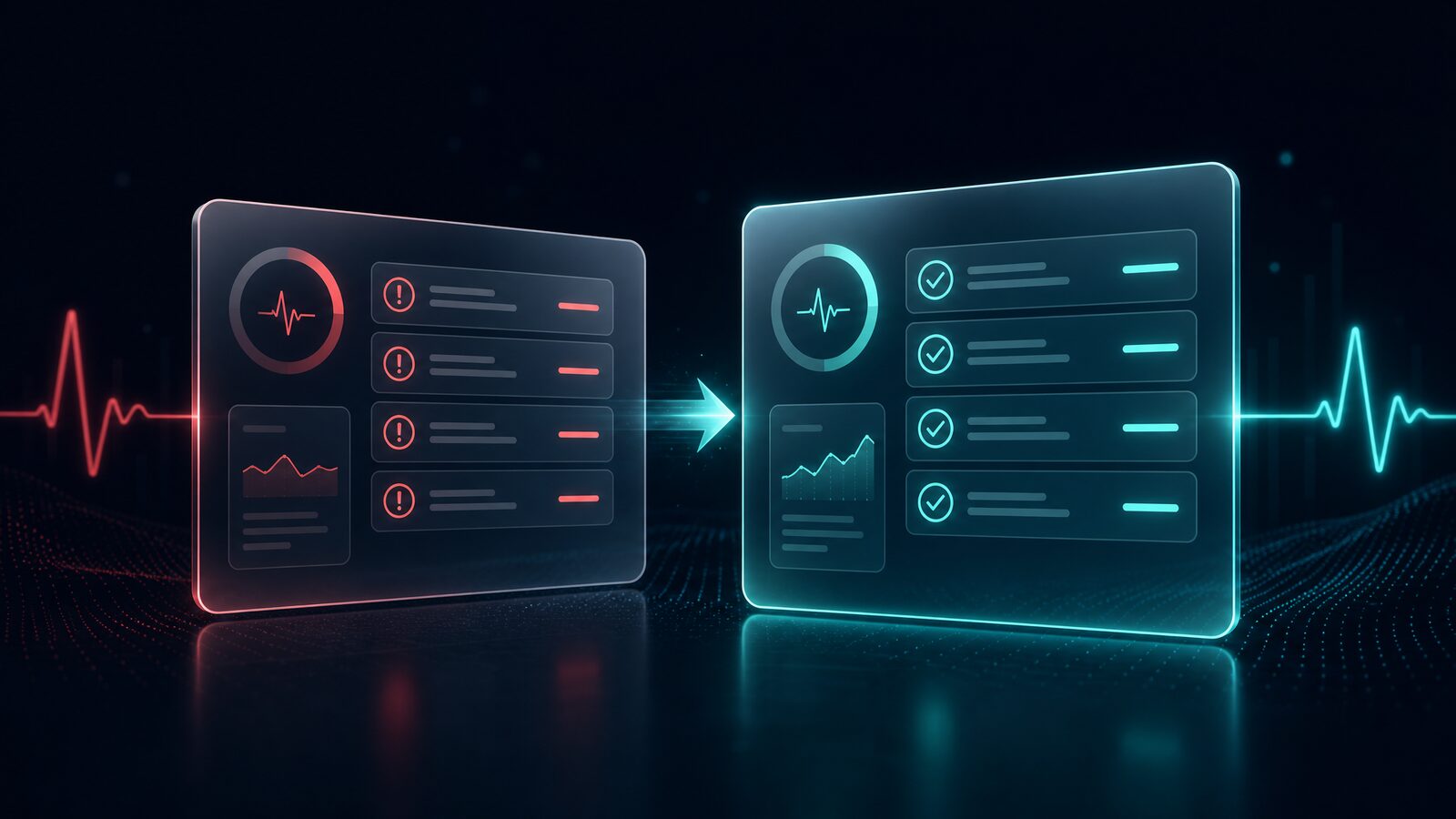 Abstract editorial illustration of a website diagnostic interface with translucent glass panels showing red-warning icons transforming to cyan-pass icons and a heartbeat-line graph.