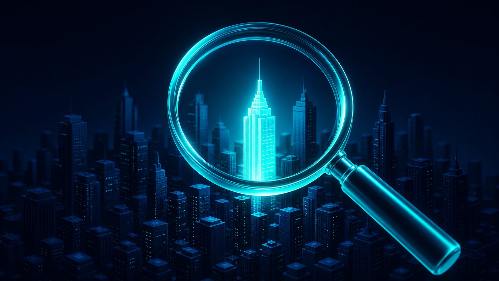 Abstract editorial illustration of a glowing teal magnifying glass hovering over a digital city skyline at night, one building lit in cyan while the others stay dim.