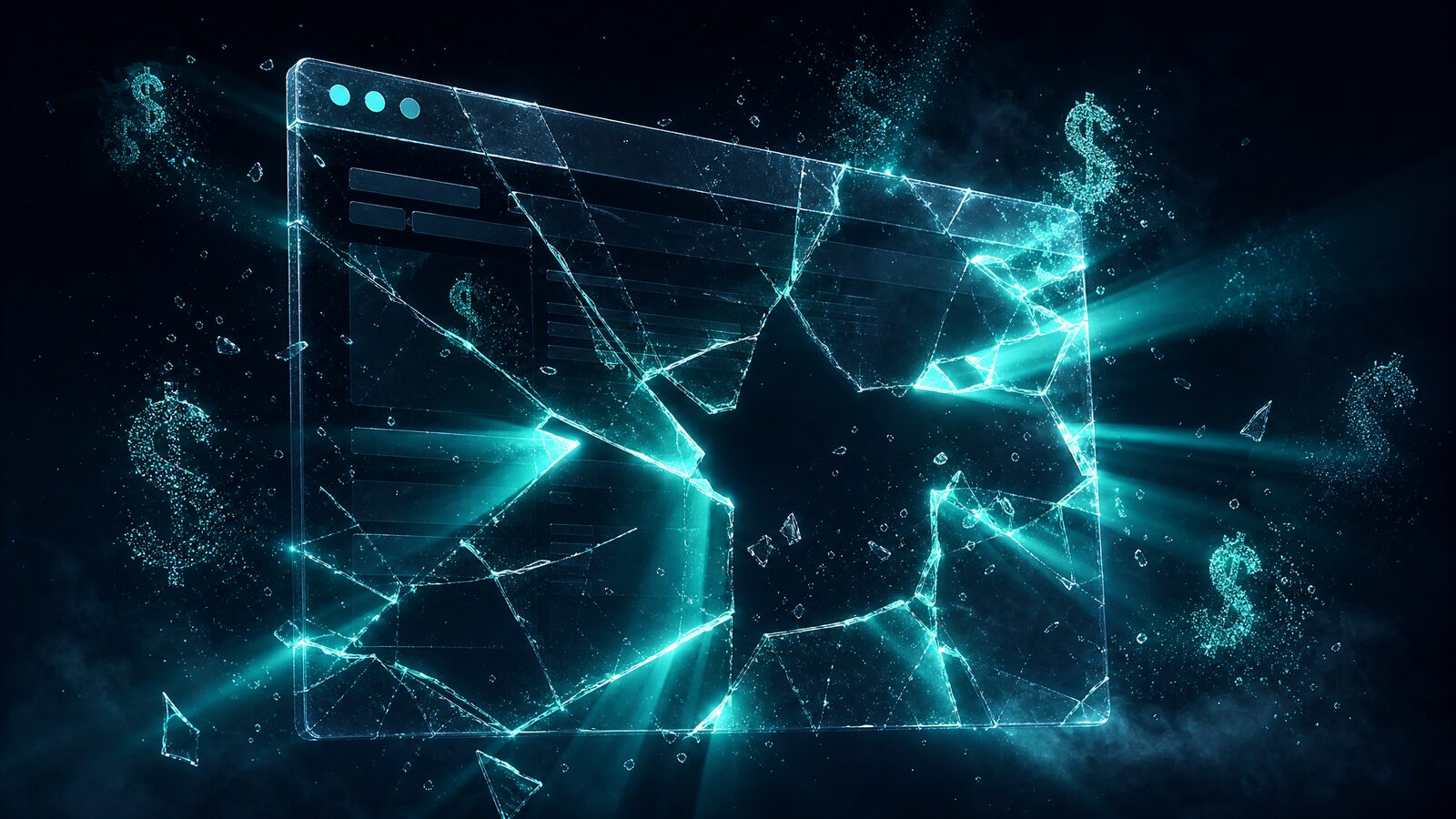 Abstract cinematic illustration of a cracked glass website browser frame with cyan light leaking through the cracks and faint dollar-sign motifs dissolving in the background.