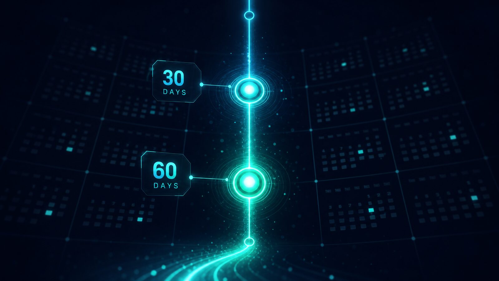 Abstract futuristic vertical timeline illustration with glowing teal milestone nodes at 30 and 60 days and a calendar grid in the background.