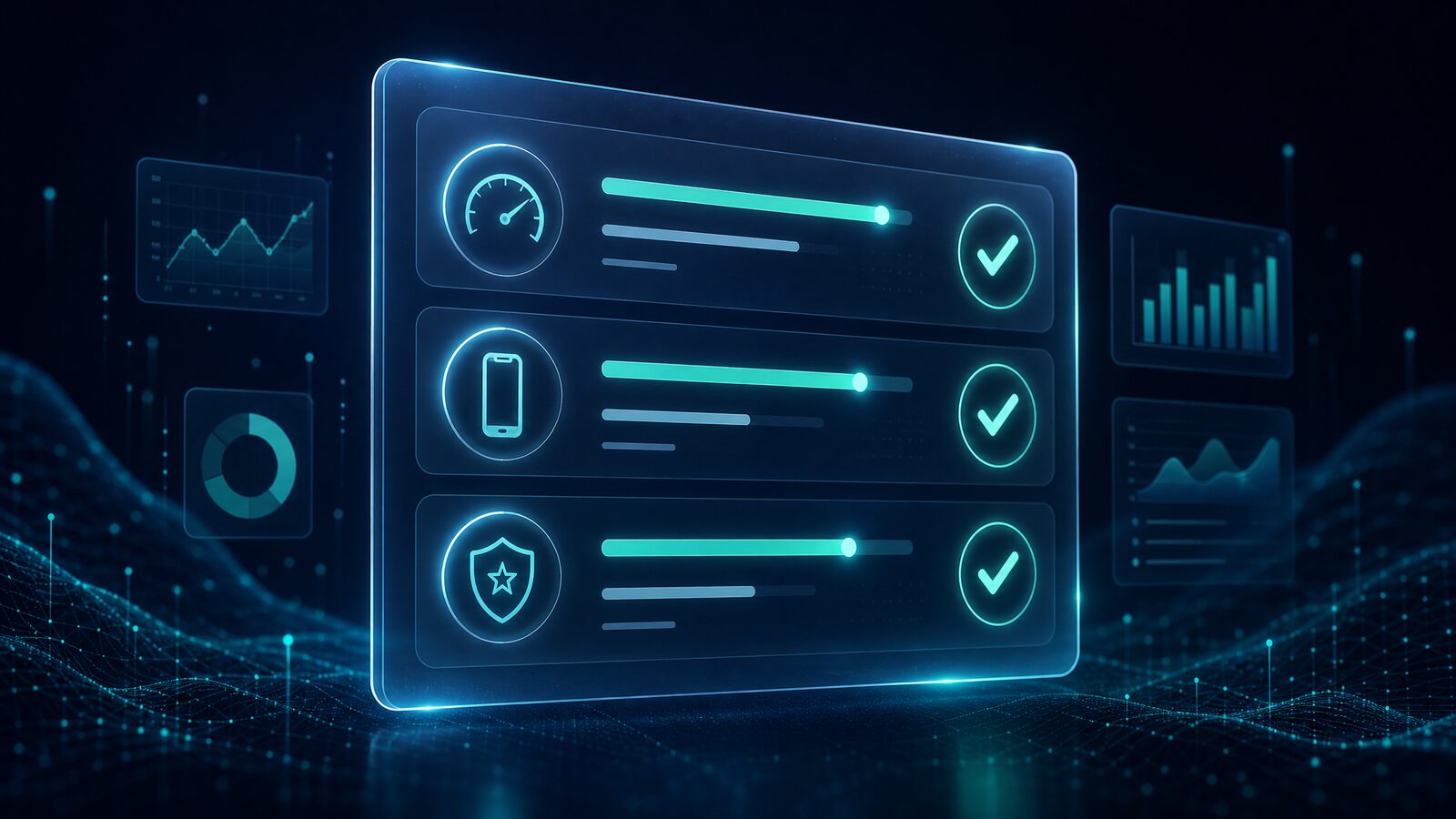 Abstract futuristic dashboard illustration of a translucent glowing checklist with cyan checkmarks for speed, mobile UX, and authority floating above a dark interface.