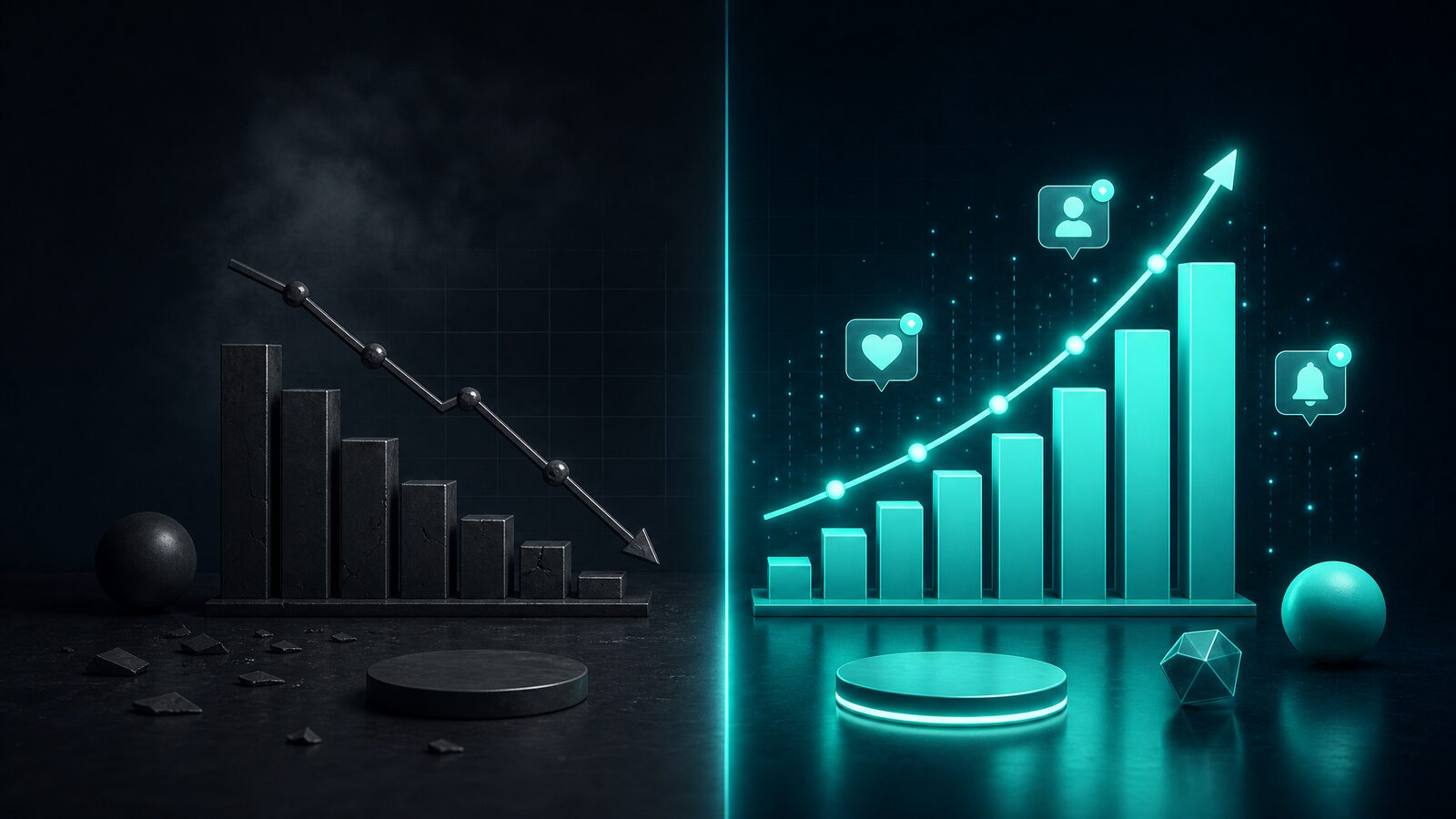 Abstract split-screen editorial comparison: a dim grey stalled business on the left versus a bright cyan growing business with rising bar chart on the right.