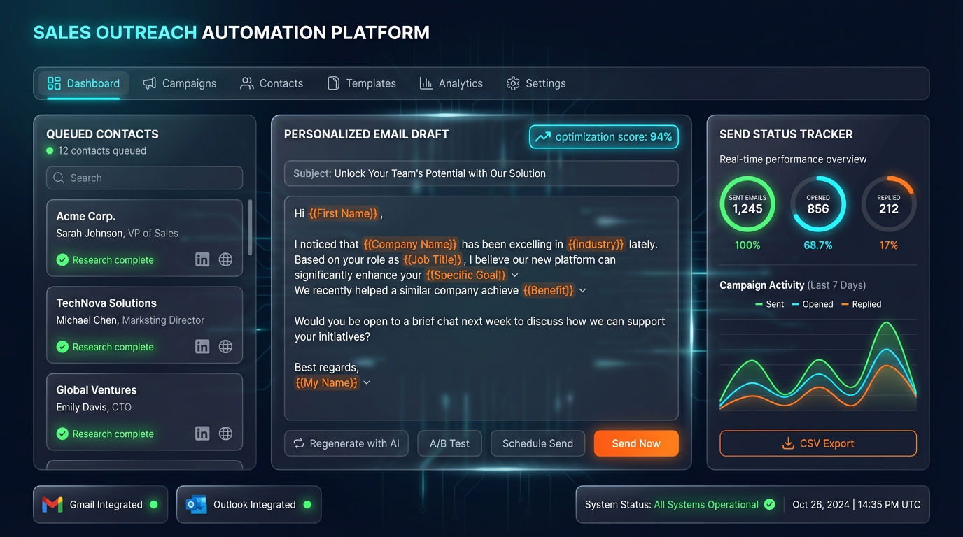 Sales Outreach Agent AI dashboard showing contacts list, personalized email drafts with optimization scores, and send status tracker with Gmail and Outlook integration
