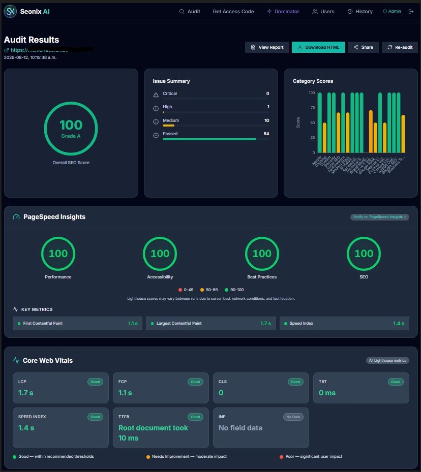 SnxAudit Pro — comprehensive SEO, performance, accessibility and security audit report dashboard
