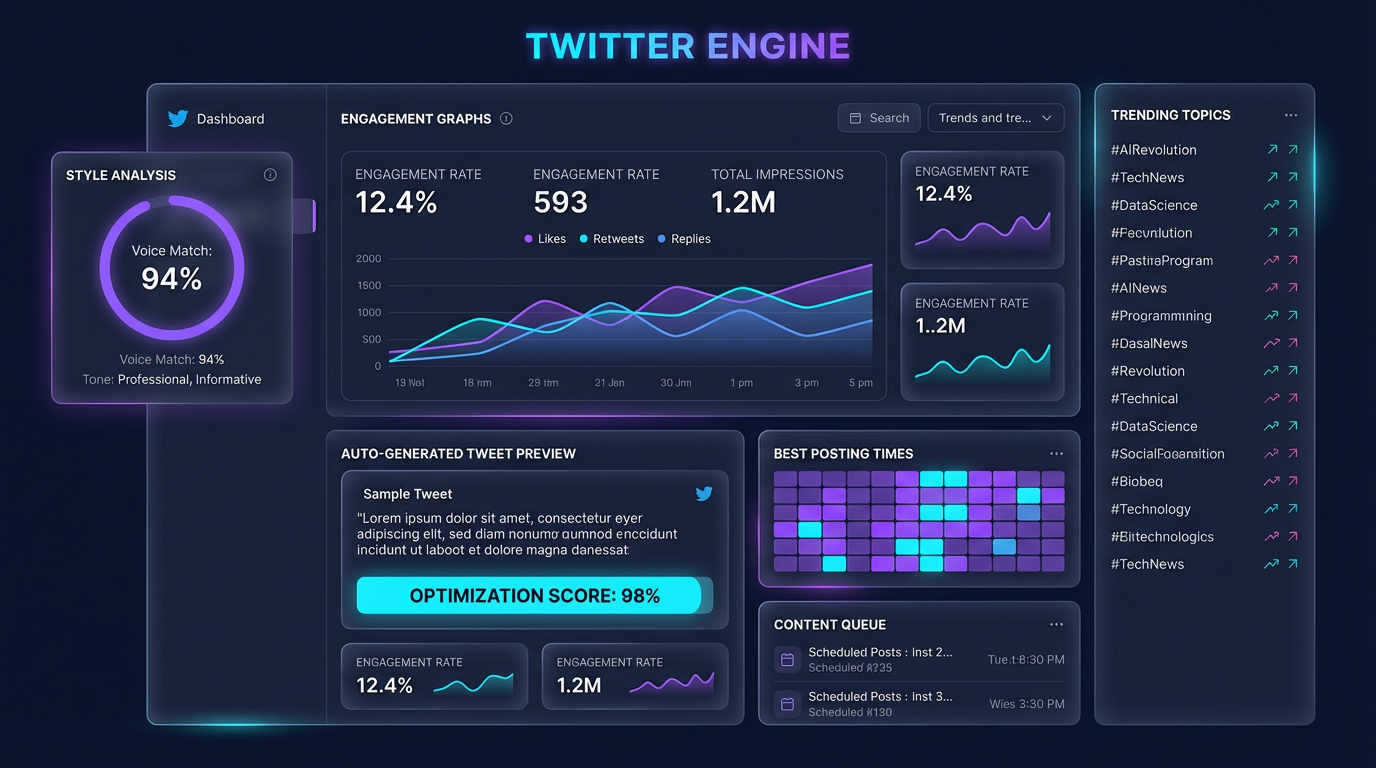 Adaptive Twitter Engine AI dashboard showing tweet analytics, engagement graphs, voice match analysis, and auto-generated content queue